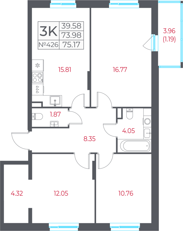 4-комнатная (Евро) квартира, 75.17 м² - планировка, фото №1