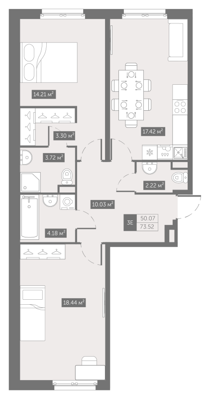 3-комнатная (Евро) квартира, 73.52 м² в ЖК "Зум на Неве" - планировка, фото №1