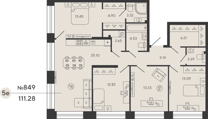 5-комнатная (Евро) квартира, 111.28 м² в ЖК "Bashni Element" - планировка, фото №1