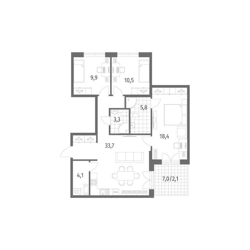 3-комнатная квартира, 87.8 м² - планировка, фото №1