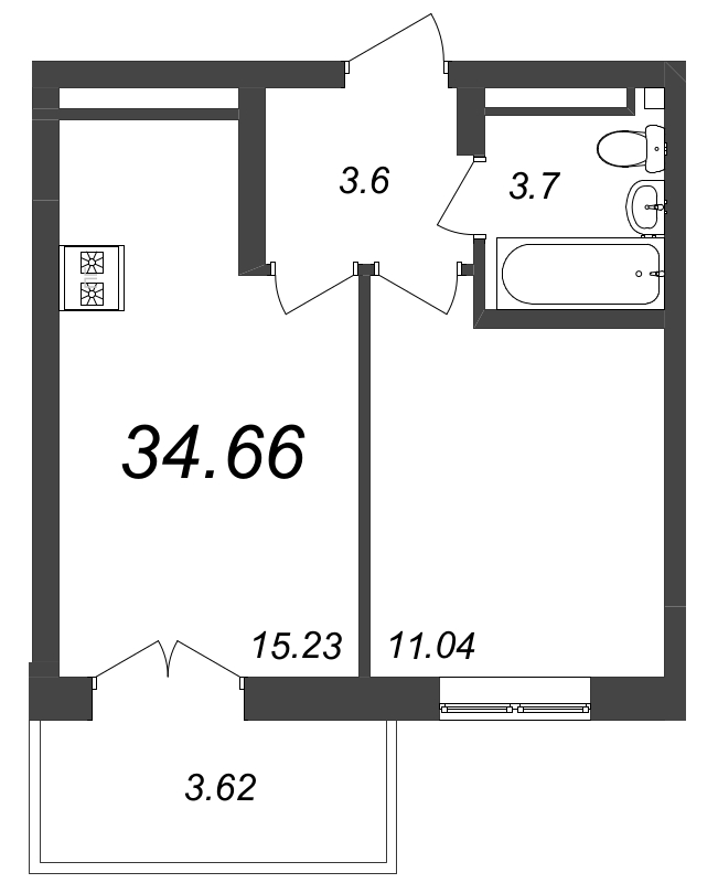 2-комнатная (Евро) квартира, 34.66 м² - планировка, фото №1