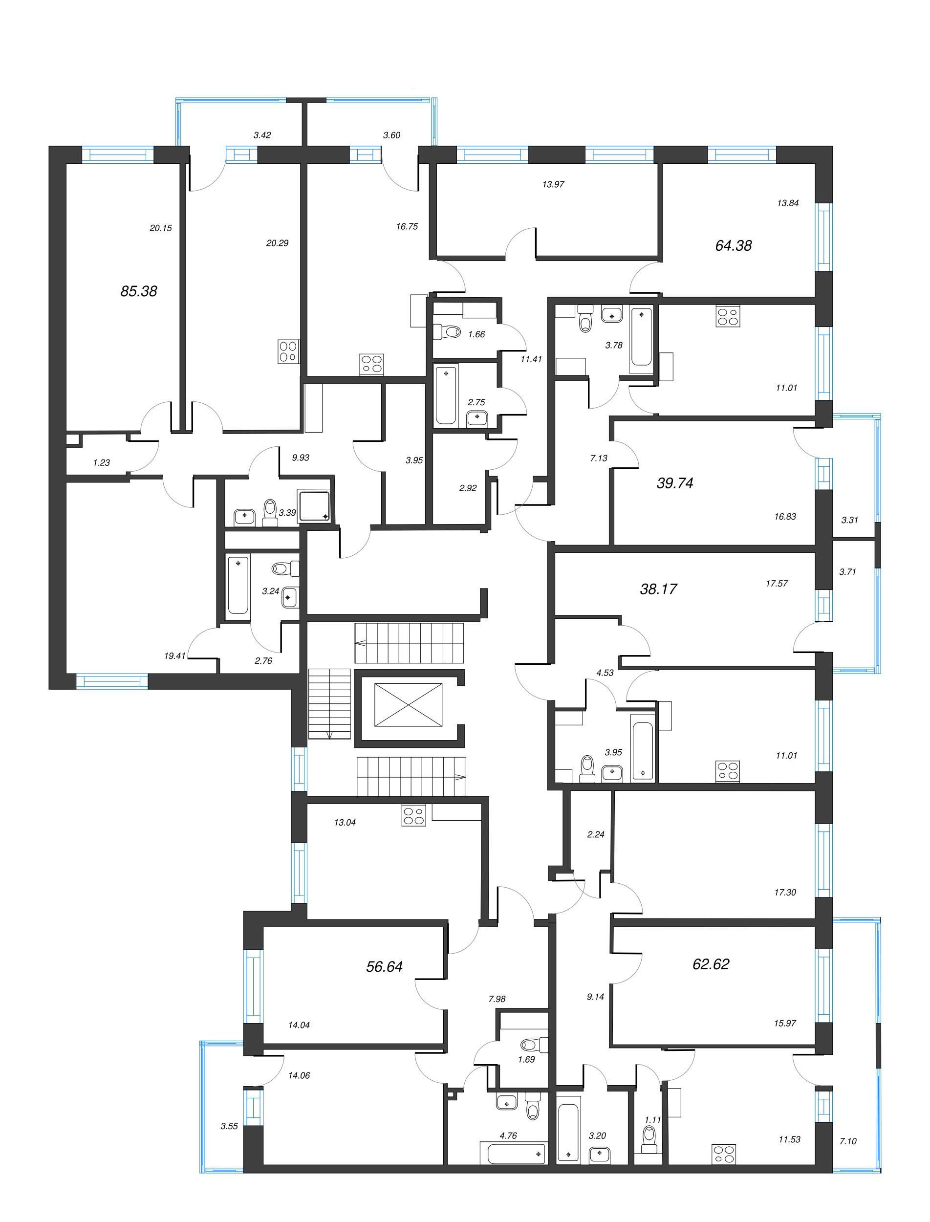 3-комнатная (Евро) квартира, 84.35 м² - планировка этажа