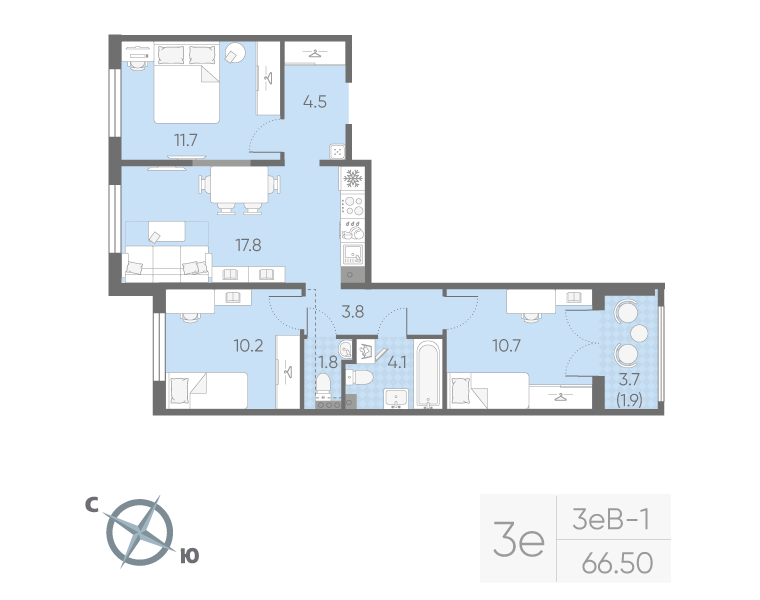 4-комнатная (Евро) квартира, 66.5 м² в ЖК "Пулково Lake" - планировка, фото №1