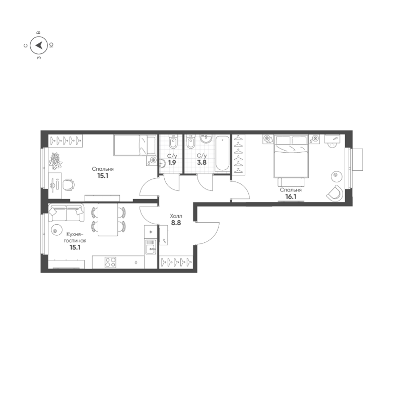 3-комнатная (Евро) квартира, 60.8 м² в ЖК "Ягодное Река Парк" - планировка, фото №1