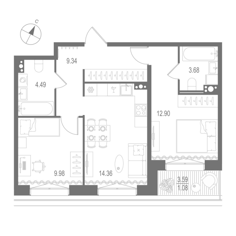 2-комнатная квартира, 55.83 м² - планировка, фото №1