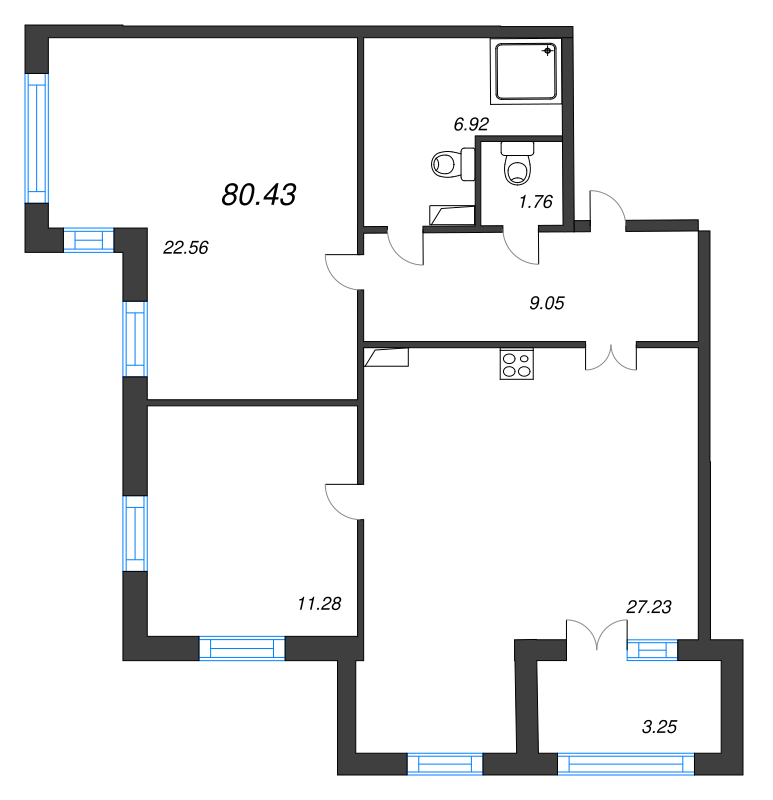 3-комнатная (Евро) квартира, 80.43 м² в ЖК "ID Park Pobedy" - планировка, фото №1