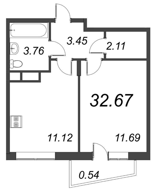 1-комнатная квартира, 32.67 м² - планировка, фото №1