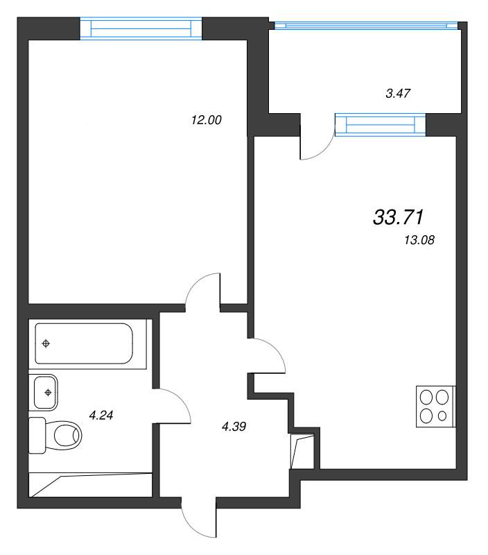 1-комнатная квартира, 33.71 м² в ЖК "ЮгТаун" - планировка, фото №1