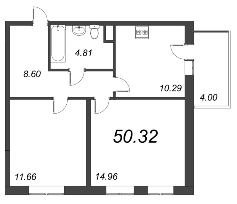 2-комнатная квартира, 50.32 м² - планировка, фото №1