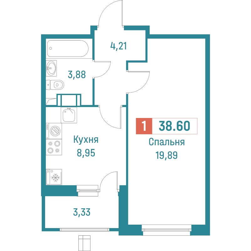1-комнатная квартира, 38.6 м² - планировка, фото №1