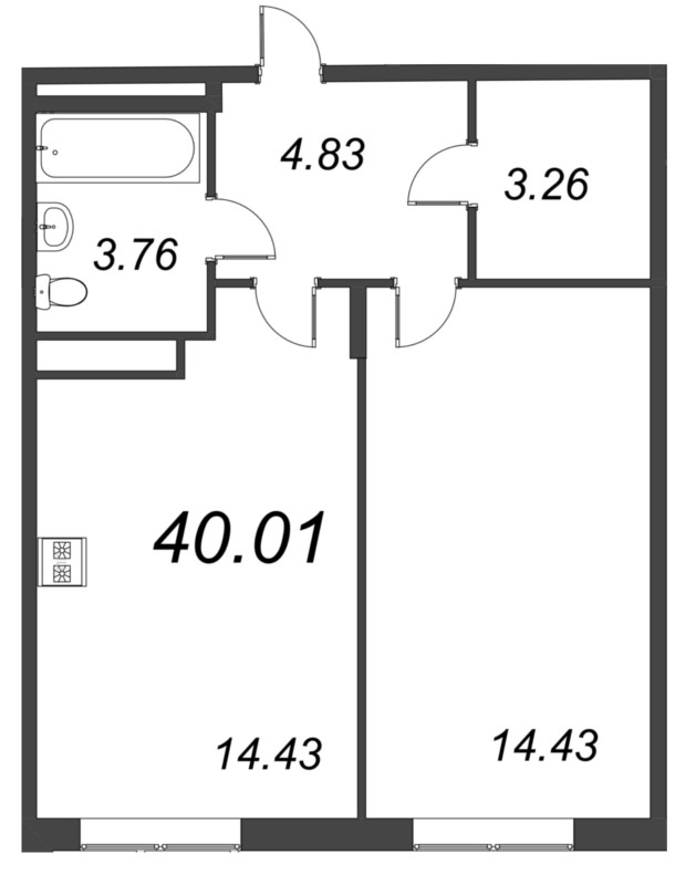 2-комнатная (Евро) квартира, 40.01 м² - планировка, фото №1