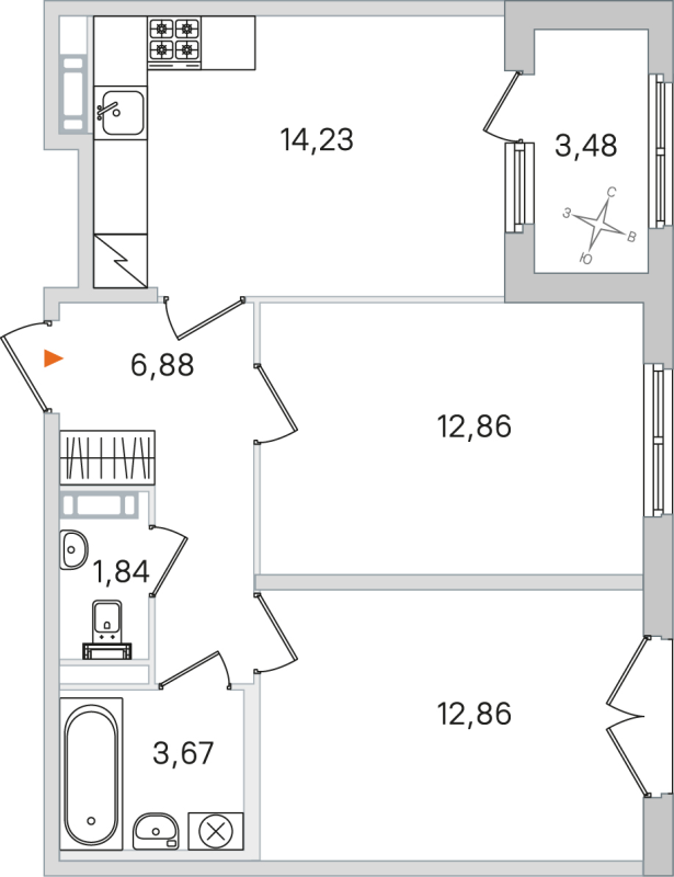 2-комнатная квартира, 52.34 м² в ЖК "Дубровский" - планировка, фото №1