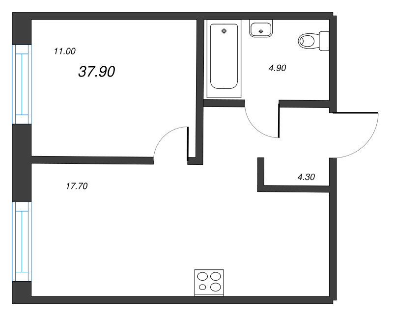 2-комнатная (Евро) квартира, 37.9 м² в ЖК "Парусная 1" - планировка, фото №1
