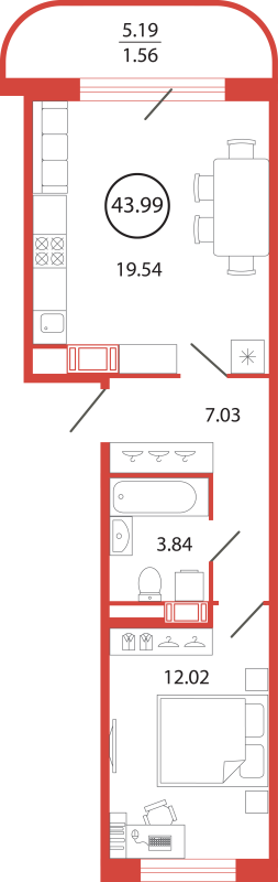 2-комнатная (Евро) квартира, 43.99 м² - планировка, фото №1