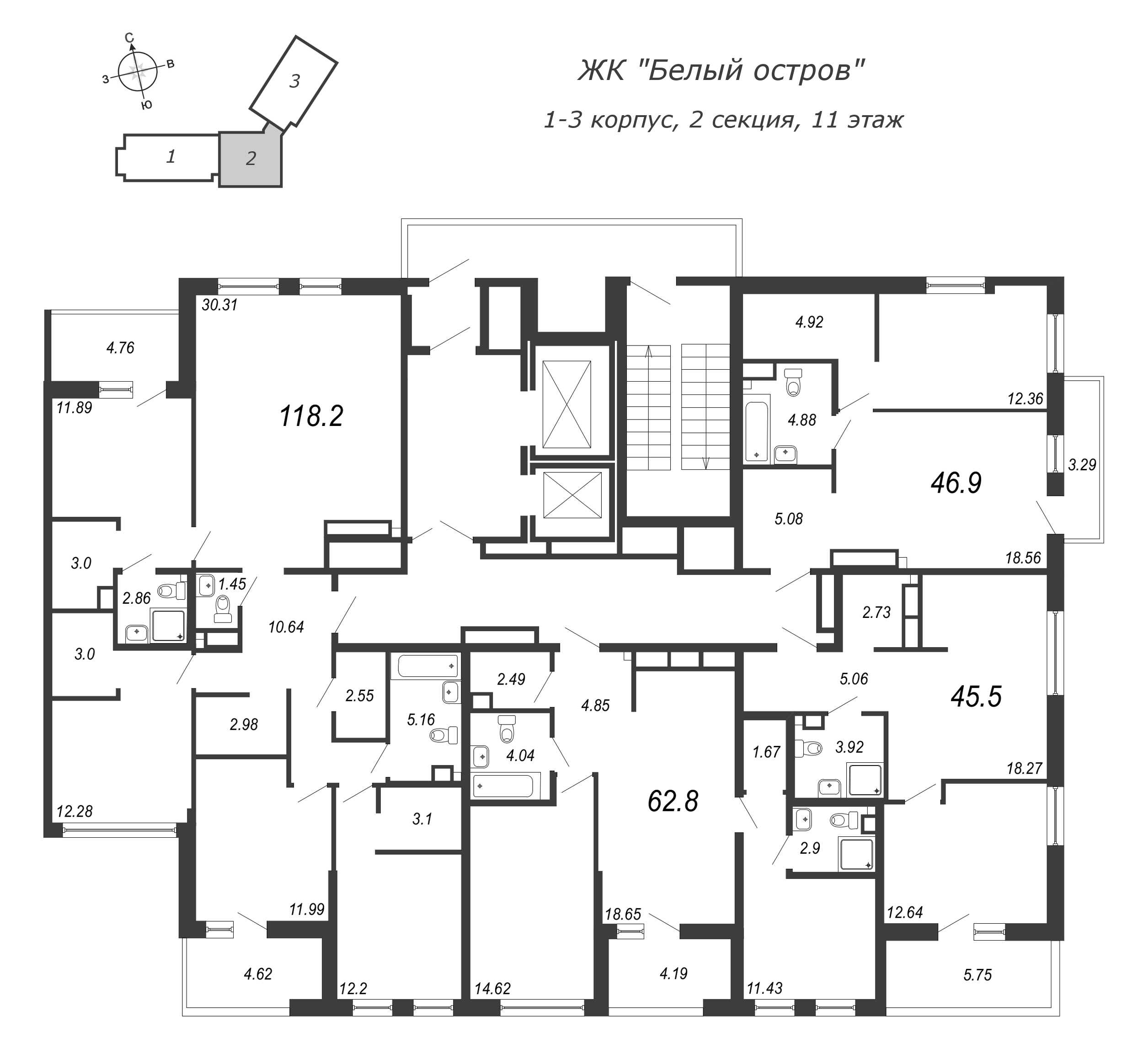 3-комнатная (Евро) квартира, 65.3 м² - планировка этажа