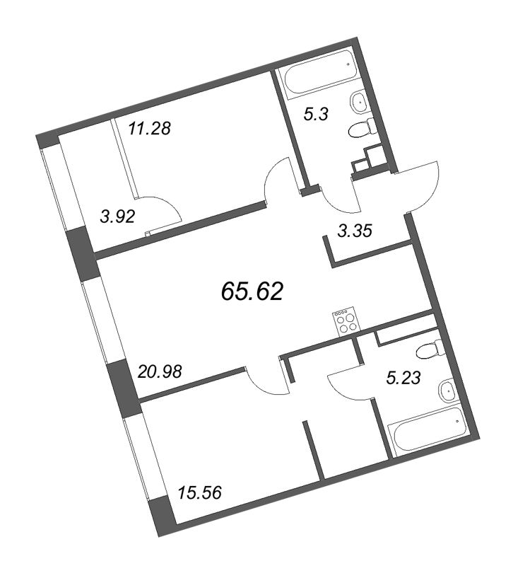 3-комнатная (Евро) квартира, 65.62 м² - планировка, фото №1