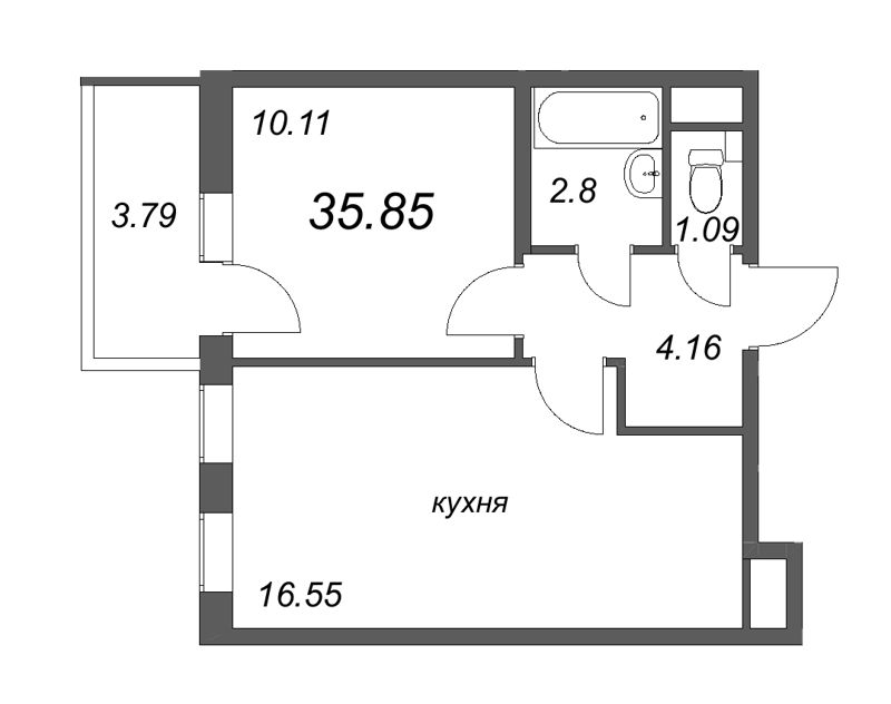 2-комнатная (Евро) квартира, 35.85 м² в ЖК "AEROCITY Club" - планировка, фото №1