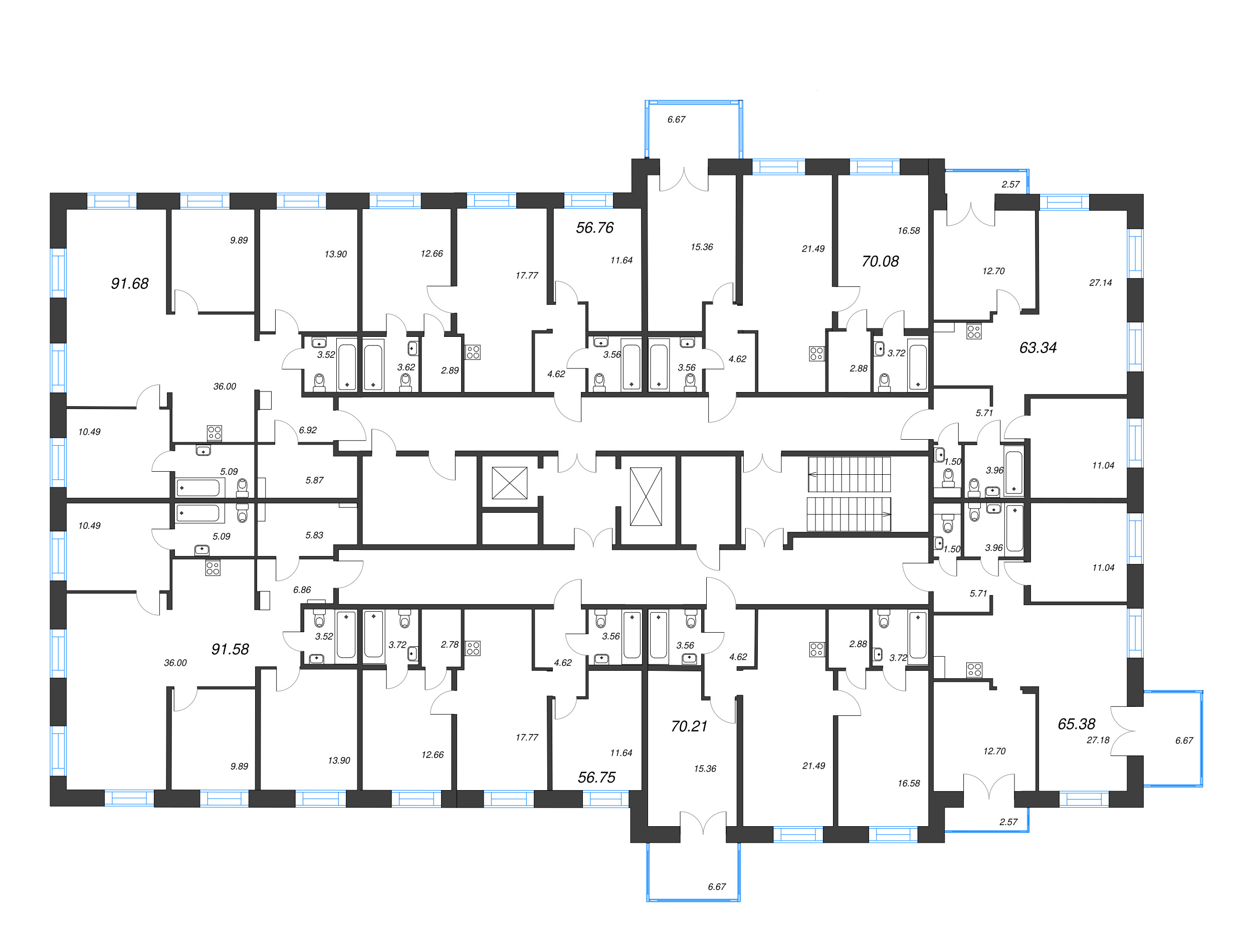 3-комнатная (Евро) квартира, 56.75 м² в ЖК "Alpen" - планировка этажа