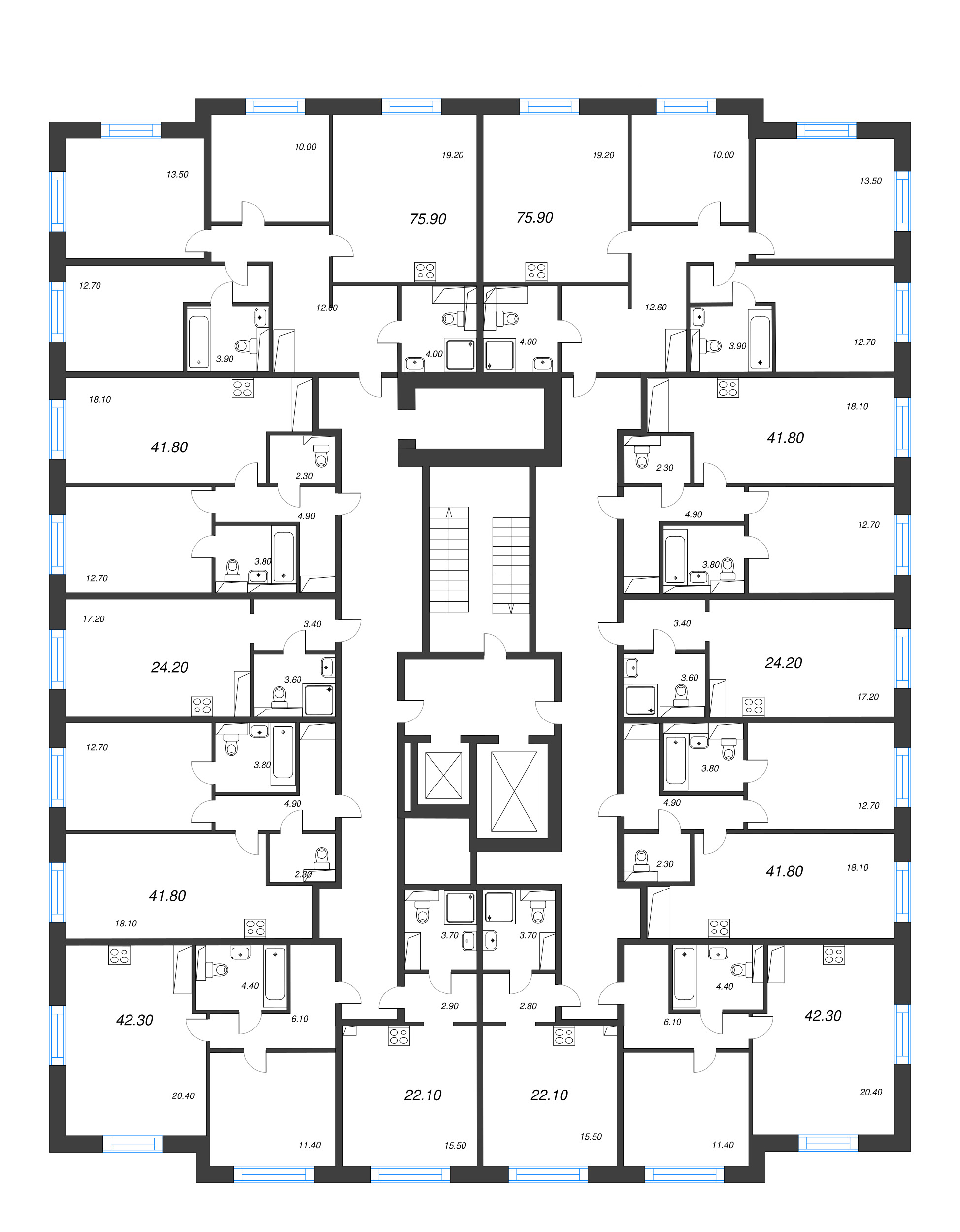 4-комнатная (Евро) квартира, 75.9 м² в ЖК "Большая Охта" - планировка этажа