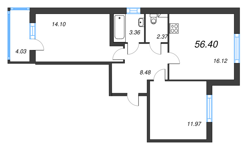3-комнатная (Евро) квартира, 56.4 м² в ЖК "Любоград" - планировка, фото №1