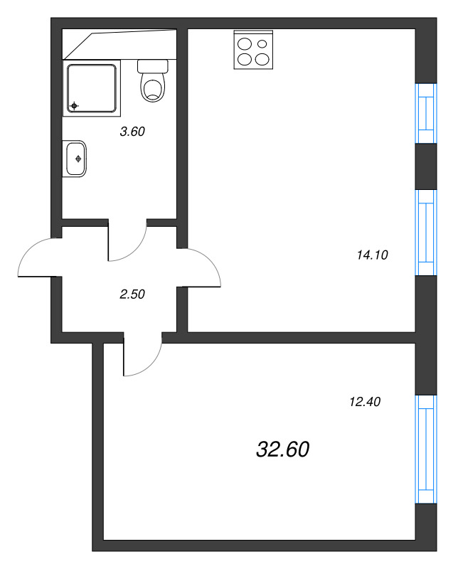 1-комнатная квартира, 32.6 м² - планировка, фото №1