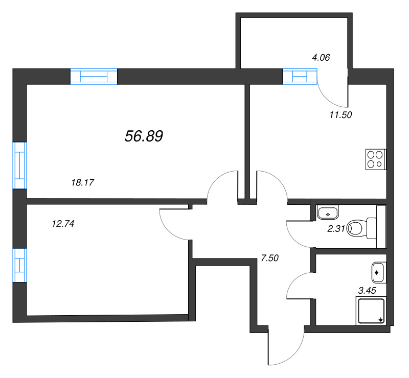 2-комнатная квартира, 56.89 м² - планировка, фото №1