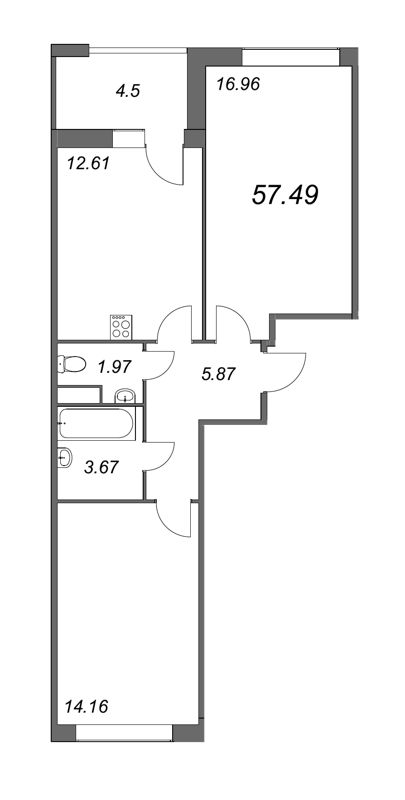 2-комнатная квартира, 56.6 м² - планировка, фото №1
