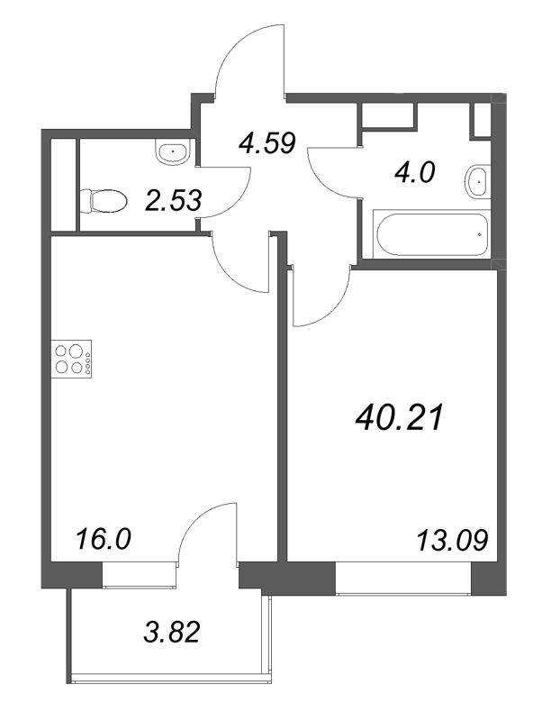 2-комнатная (Евро) квартира, 40.21 м² в ЖК "Дом на Курской" - планировка, фото №1