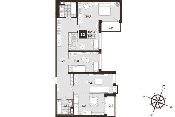 3-комнатная (Евро) квартира, 102.4 м² в ЖК "Дом на Бронницкой" - планировка, фото №1