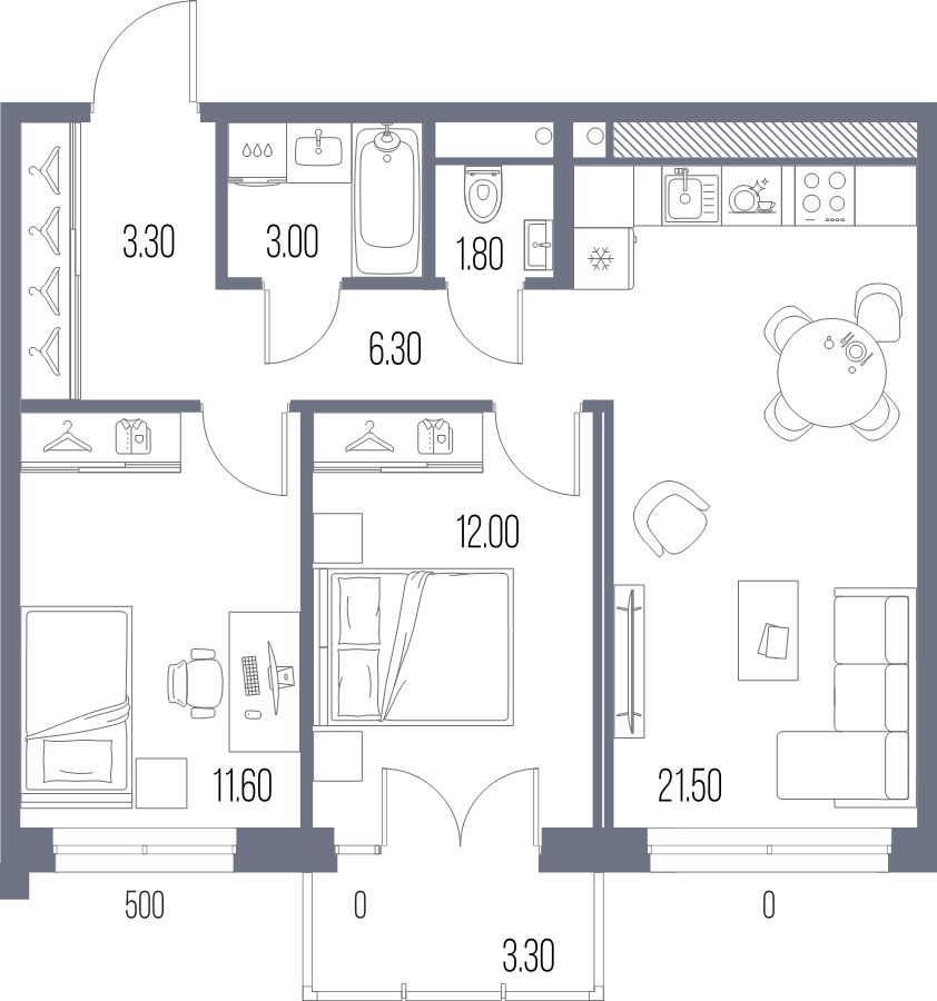 3-комнатная (Евро) квартира, 59.5 м² в ЖК "Легенда на Охте" - планировка, фото №1
