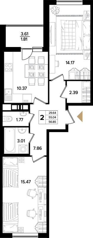 2-комнатная квартира, 55.9 м² - планировка, фото №1