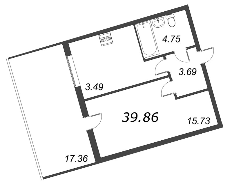 1-комнатная квартира, 39.86 м² - планировка, фото №1