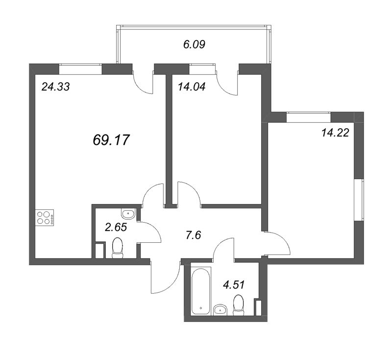 3-комнатная (Евро) квартира, 69.17 м² в ЖК "Новая история" - планировка, фото №1
