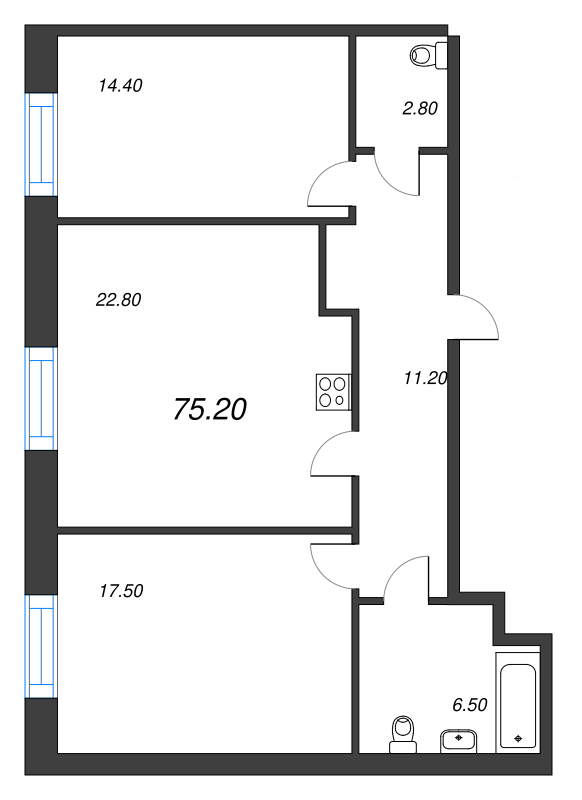 2-комнатная (Евро) квартира, 75.1 м² в ЖК "Neva Haus" - планировка, фото №1