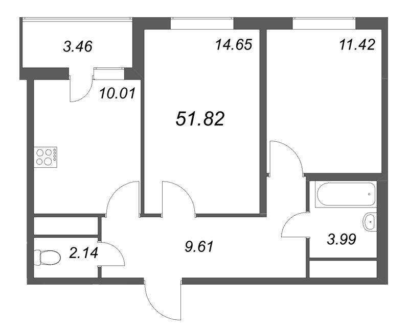 2-комнатная квартира, 51.82 м² в ЖК "Ясно.Янино" - планировка, фото №1