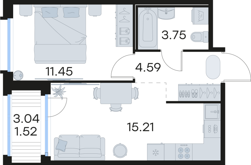 2-комнатная (Евро) квартира, 36.52 м² в ЖК "GloraX Парголово" - планировка, фото №1