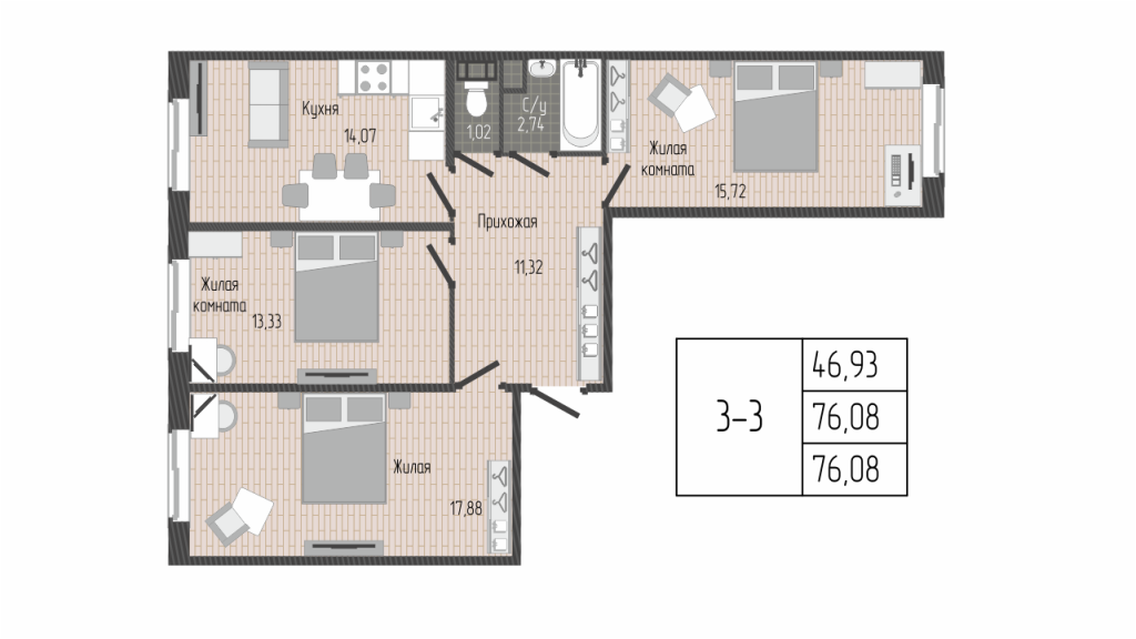 3-комнатная квартира, 76.08 м² - планировка, фото №1