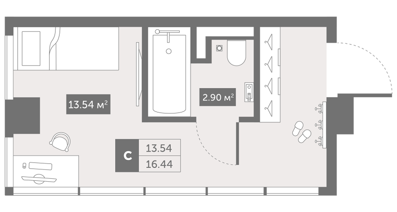 Квартира-студия, 16.44 м² в ЖК "Zoom Черная речка" - планировка, фото №1
