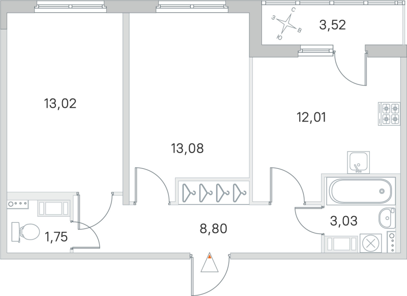 2-комнатная квартира, 51.69 м² в ЖК "Любоград" - планировка, фото №1