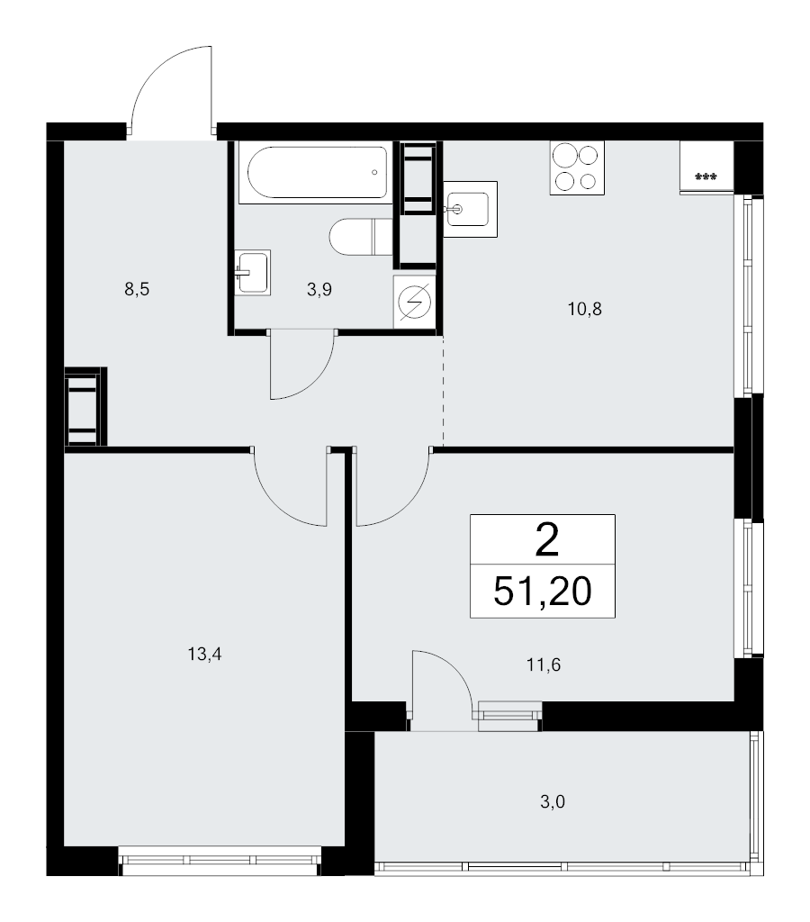 2-комнатная квартира, 51.2 м² - планировка, фото №1