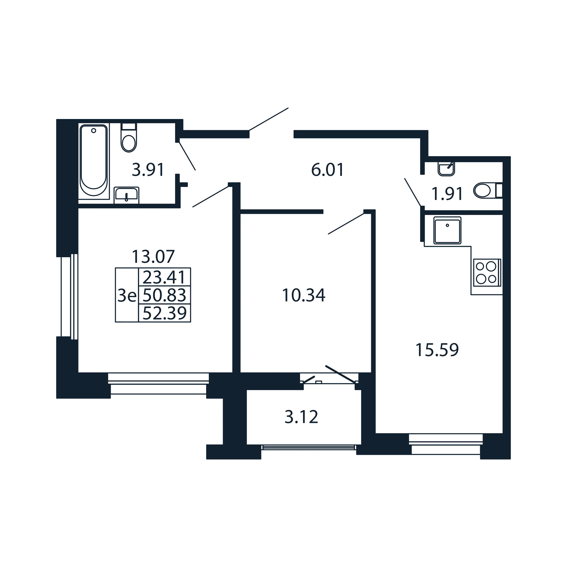 3-комнатная (Евро) квартира, 50.83 м² в ЖК "Полис Новоселье" - планировка, фото №1