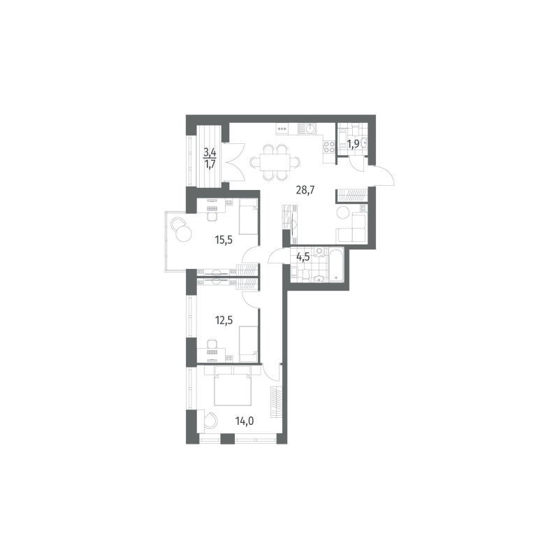 3-комнатная квартира, 89.46 м² - планировка, фото №1