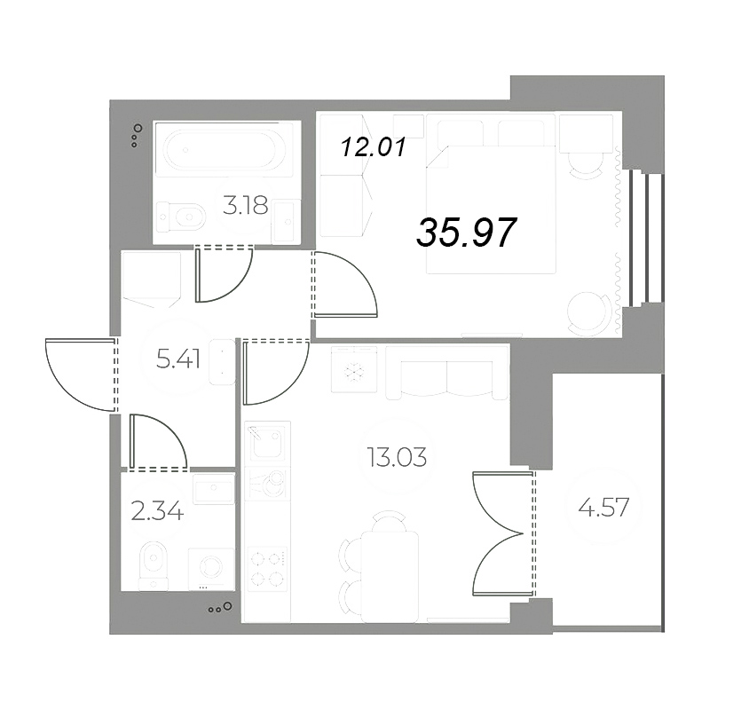 1-комнатная квартира, 38.25 м² в ЖК "Огни Залива" - планировка, фото №1