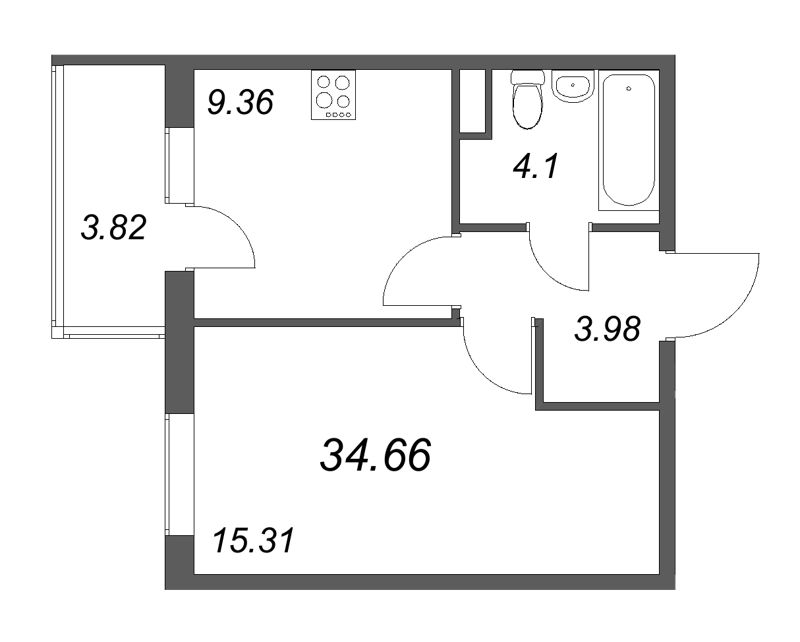 1-комнатная квартира, 34.66 м² в ЖК "Новая история" - планировка, фото №1