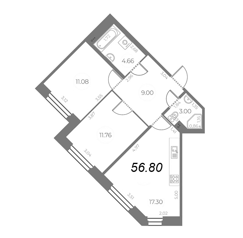 3-комнатная (Евро) квартира, 56.8 м² - планировка, фото №1