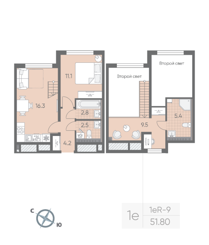 3-комнатная (Евро) квартира, 51.8 м² в ЖК "Пулково Lake" - планировка, фото №1