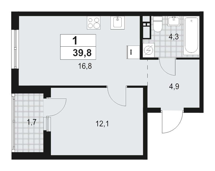 2-комнатная (Евро) квартира, 39.8 м² - планировка, фото №1