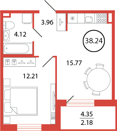 2-комнатная (Евро) квартира, 38.24 м² в ЖК "Энфилд" - планировка, фото №1