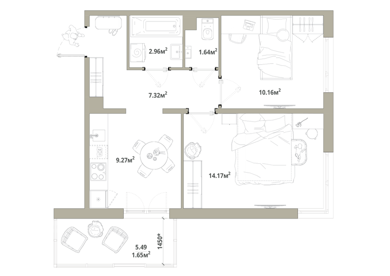 2-комнатная квартира, 47.17 м² в ЖК "Тишин" - планировка, фото №1