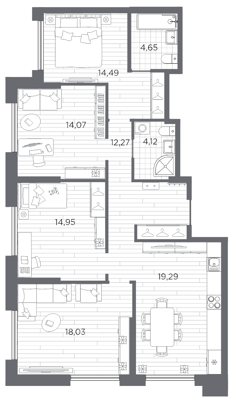 5-комнатная (Евро) квартира, 101.87 м² в ЖК "Галерная гавань" - планировка, фото №1